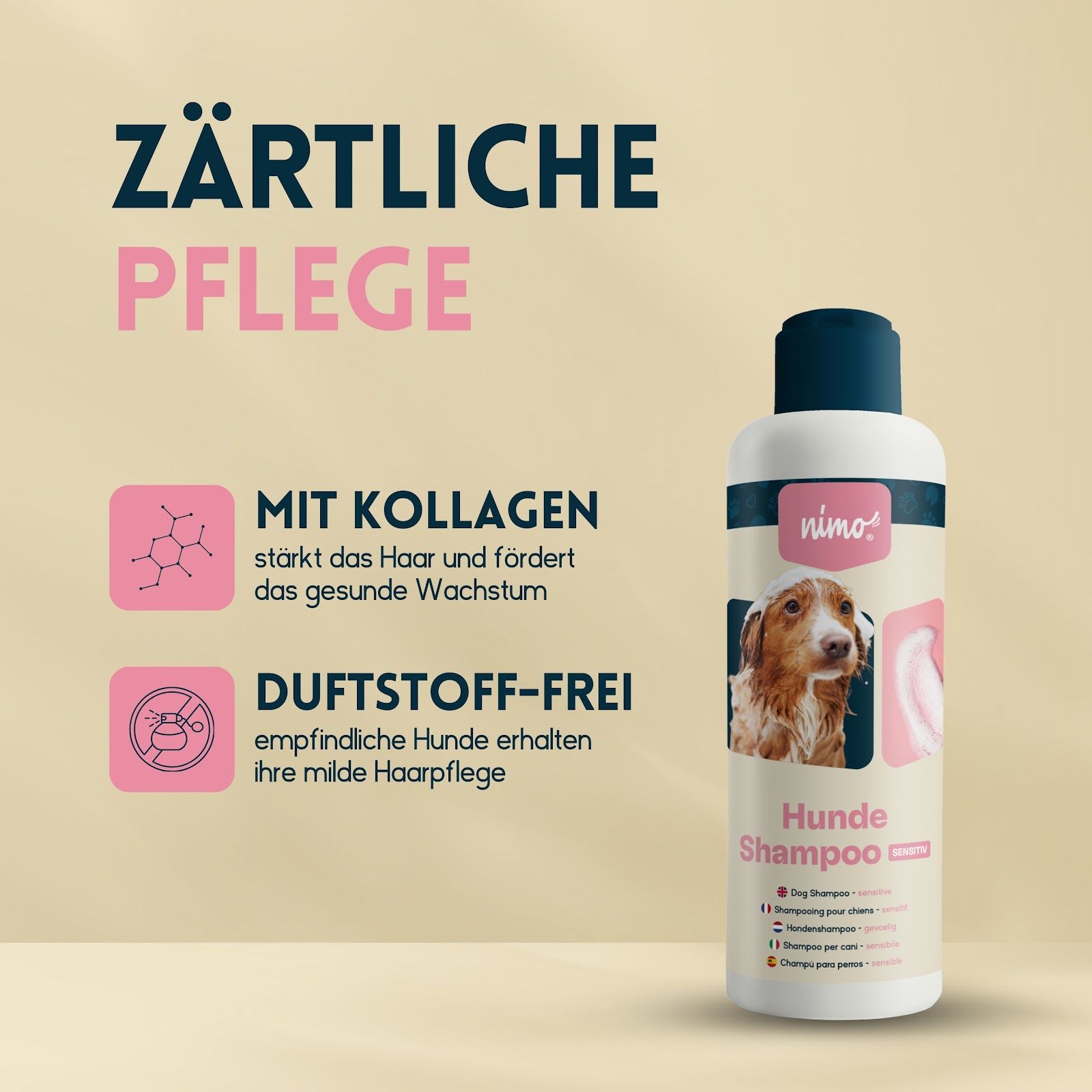 Flacone di shampoo per cani sensitivo. Testo: "ZÄRTLICHE PFLEGE", "MIT KOLLAGEN", "DUFTSTOFF-FREI". Logo e nome del prodotto visibili.