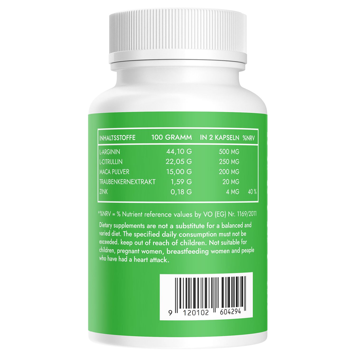 Retro di una bottiglia verde di capsule con valori nutrizionali e codice a barre.