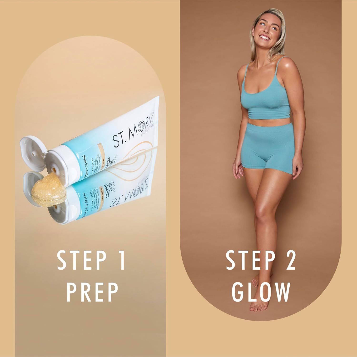 St. Moriz Skin Primer aperto, accanto a una donna in abbigliamento sportivo. Fase 1: Preparare. Fase 2: Brillare.