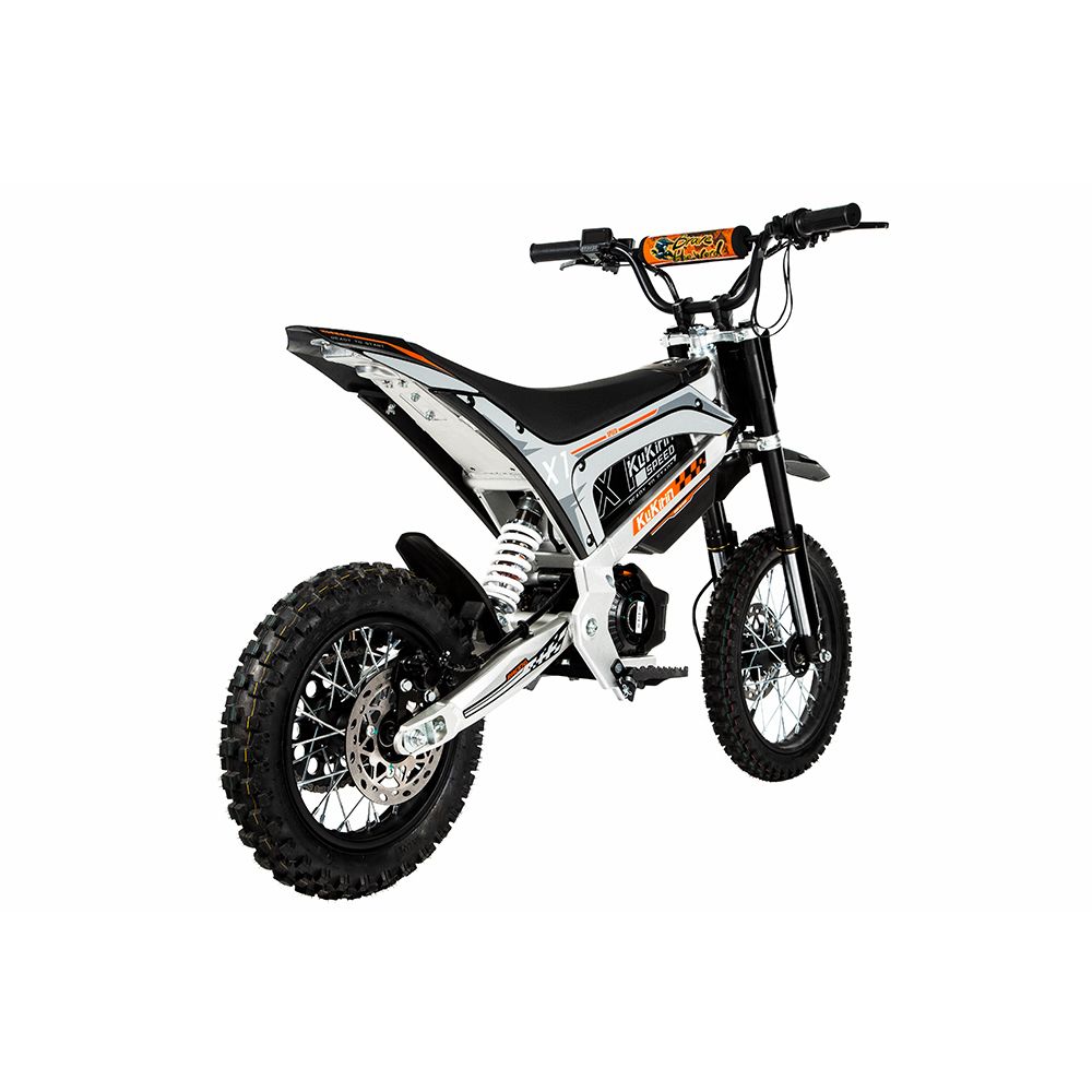 Moto fuoristrada elettrica, vista posteriore. Nero, arancione e argento. Marchio: KUKIRIN. Logo X1 visibile.
