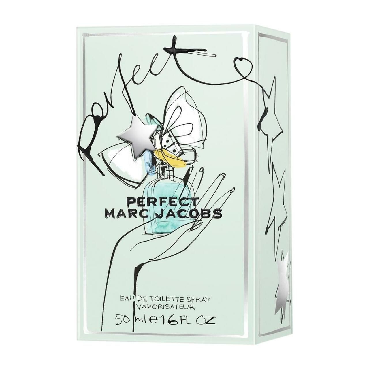 Confezione. Scritta "PERFECT MARC JACOBS". Illustrazione di una mano che tiene un flacone. Testo: Eau de Toilette Spray.