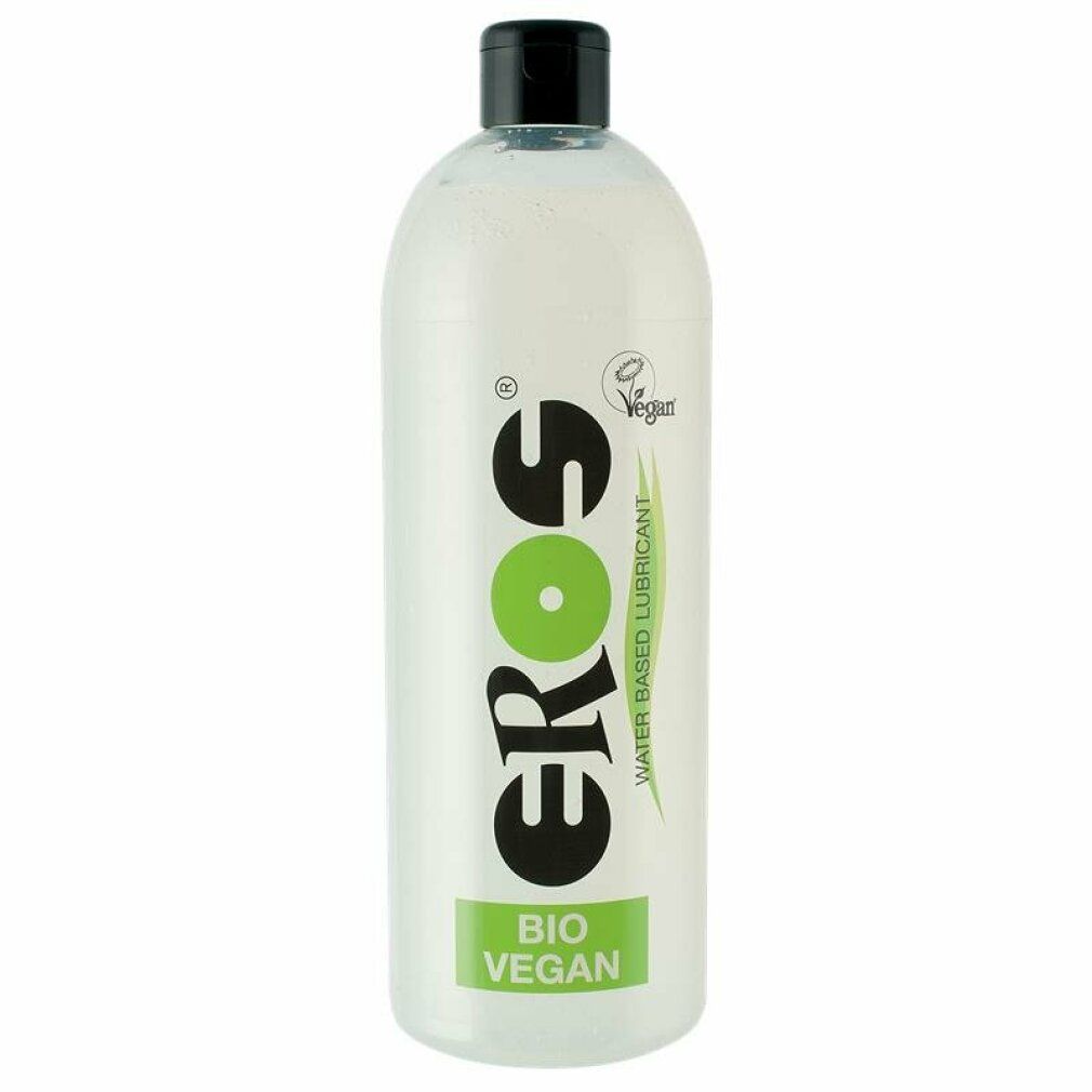 Flacone con tappo nero. Scritta: Eros, Bio Vegan, lubrificante a base d'acqua. Sigillo vegano.