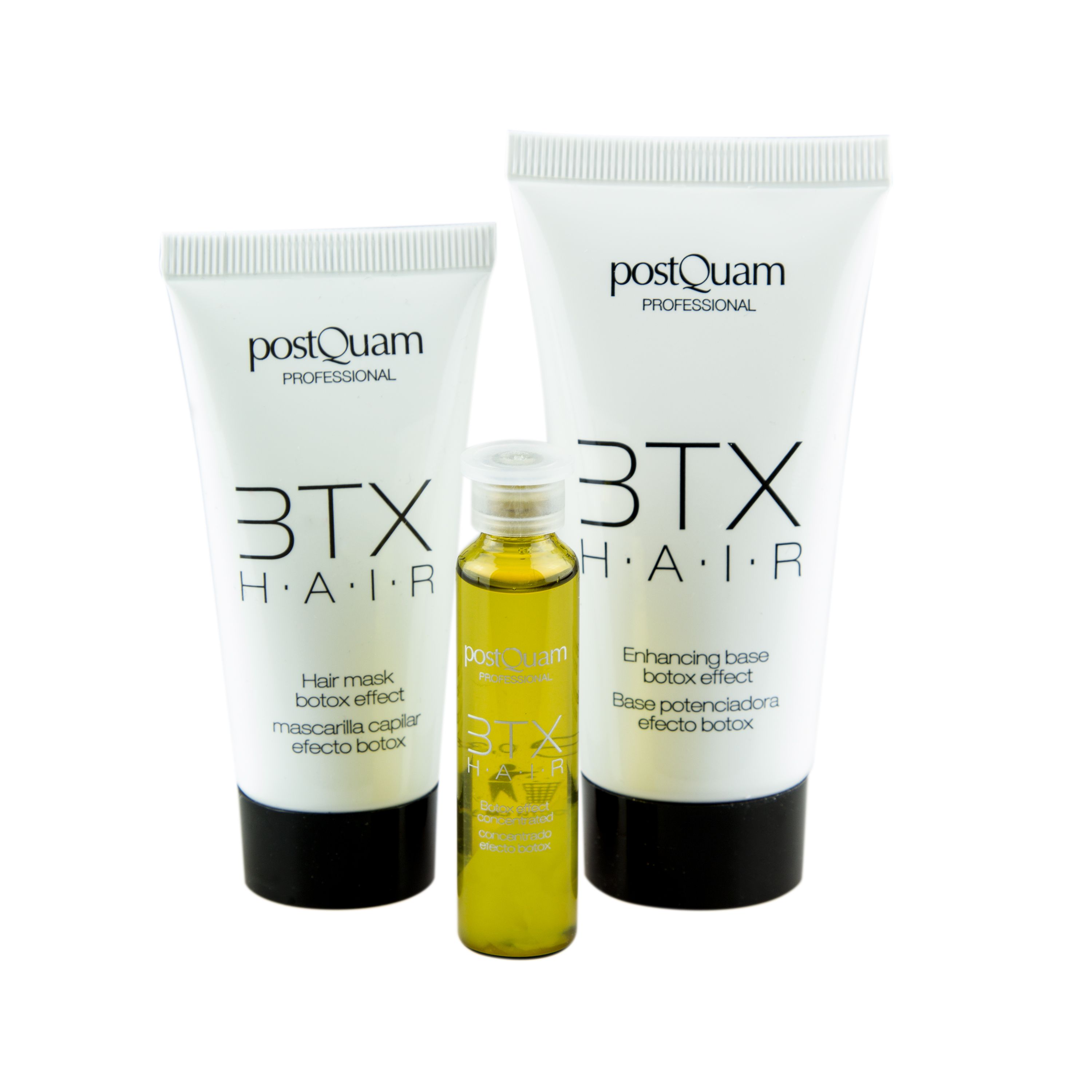 Set per capelli con due tubi e una bottiglietta. Scritte: PostQuam, 3TX HAIR.