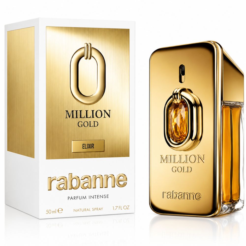 Flacone di profumo dorato e confezione, scritta "Million Gold Elixir".