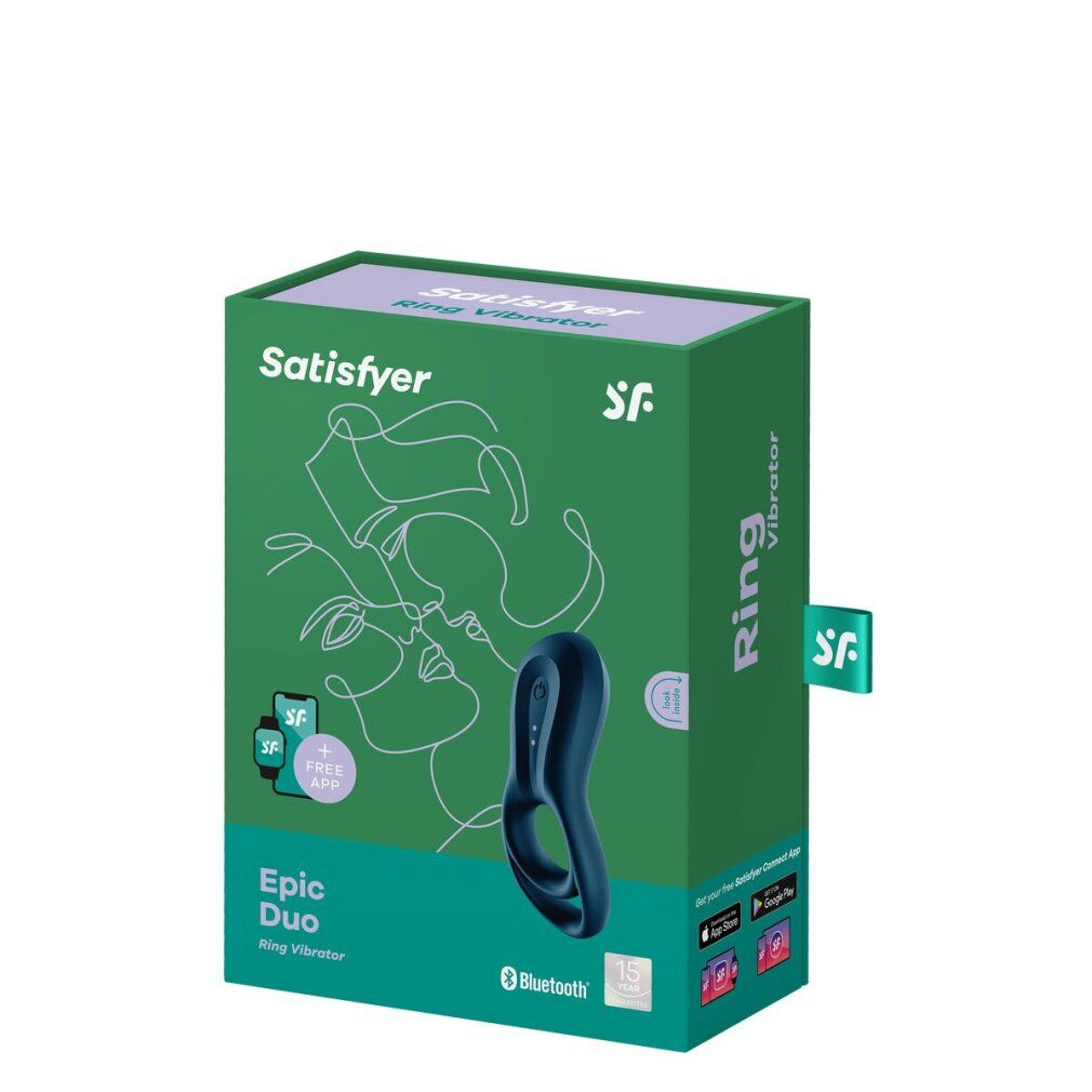 Confezione di Satisfyer Epic Duo Ring Vibrator. Verde con immagine del prodotto e nome del prodotto. Contiene informazioni sulla funzione dell'app.