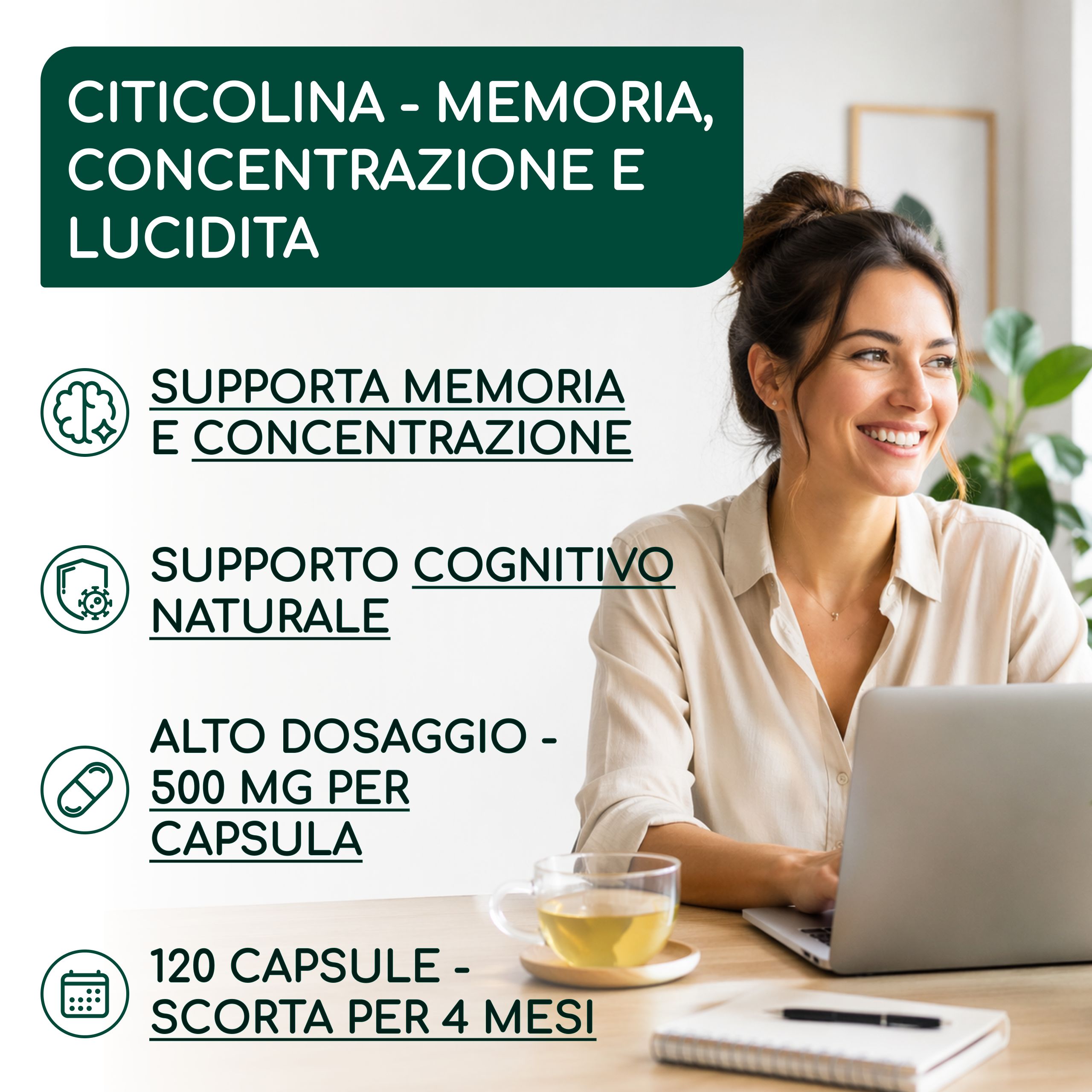 Citicolina CDP-Colina Pura 500 mg per Capsula - Memoria, Concentrazione e Funzione Cellulare - RAIBU