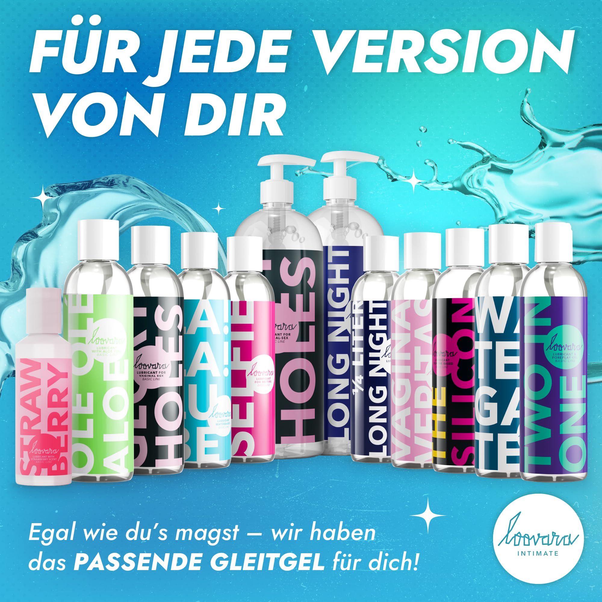 Diversi flaconi di gel lubrificante in varie versioni, tra cui 'Strawberry', 'Aloe Vera' e 'Silicon'.
