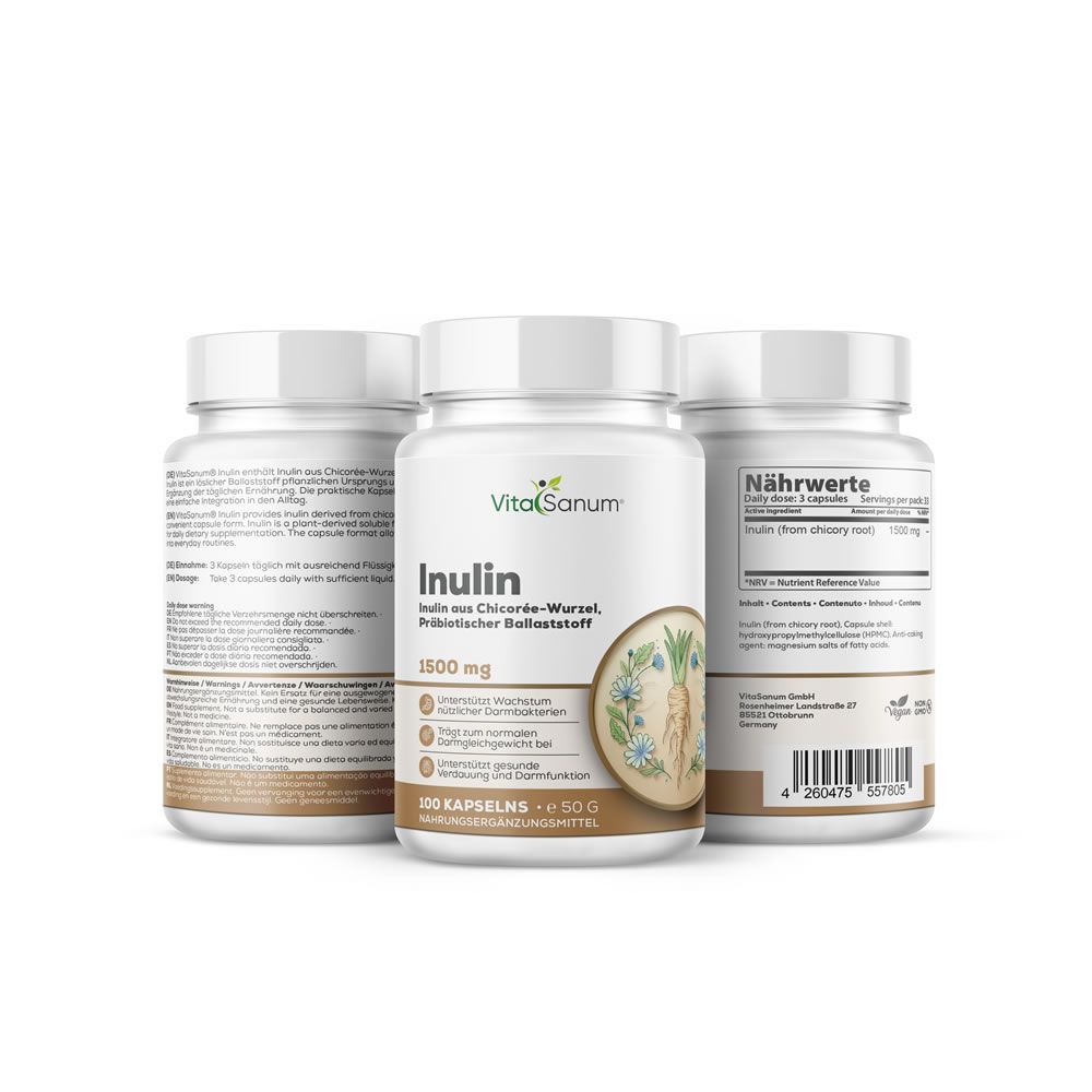 Tre flaconi bianchi con etichette. L'etichetta centrale riporta "VitaSanum Inulin". 1500 mg. 200 capsule.