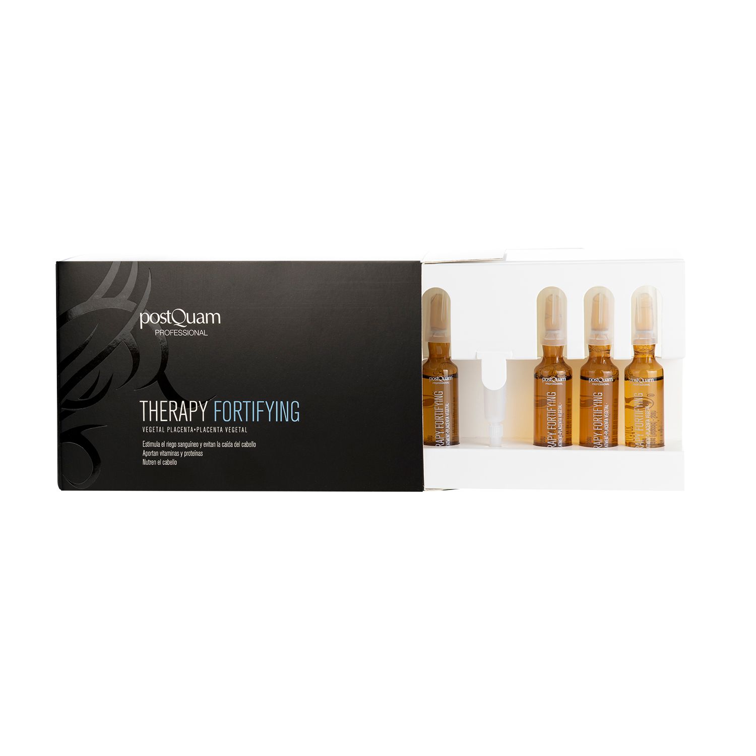 Confezione aperta con fiale. Logo "postQuam" e testo "THERAPY FORTIFYING". Placenta vegetale. 4 fiale.