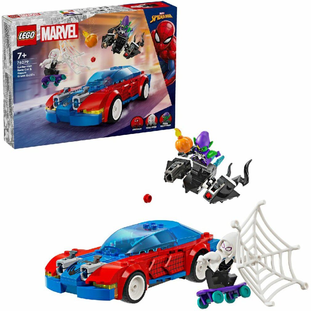 Set LEGO Marvel con auto rossa e blu, Ghost Spider sullo skateboard, Green Goblin sul velivolo e ragnatela.