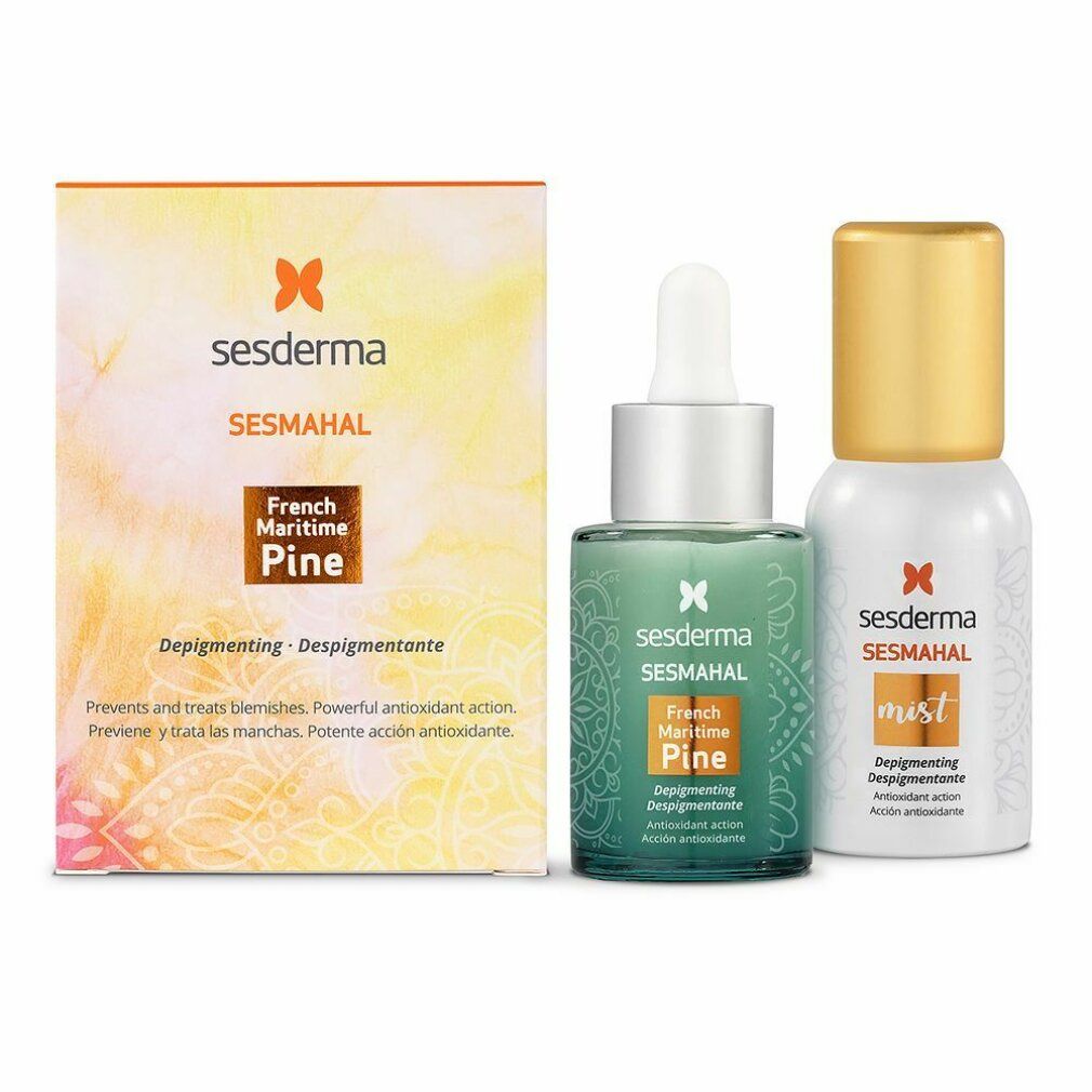 Set Sesderma Sesmahal. Scatola, flacone siero e spray nebbia. Scatola con logo Sesmahal e nome del prodotto. Flacone siero con pipetta. Spray nebbia con tappo dorato.