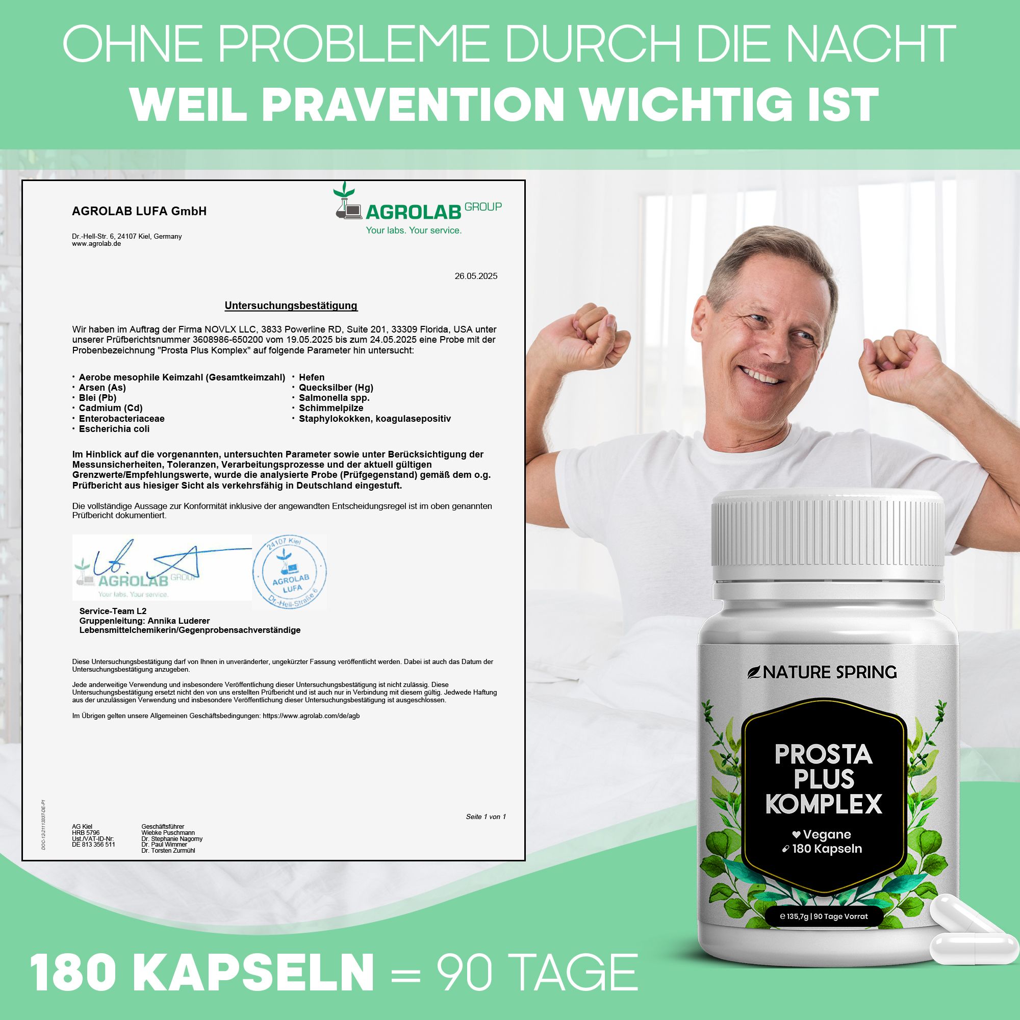 Uomo a letto, accanto a lui un contenitore Nature Spring Prosta Plus Komplex e un certificato di analisi.