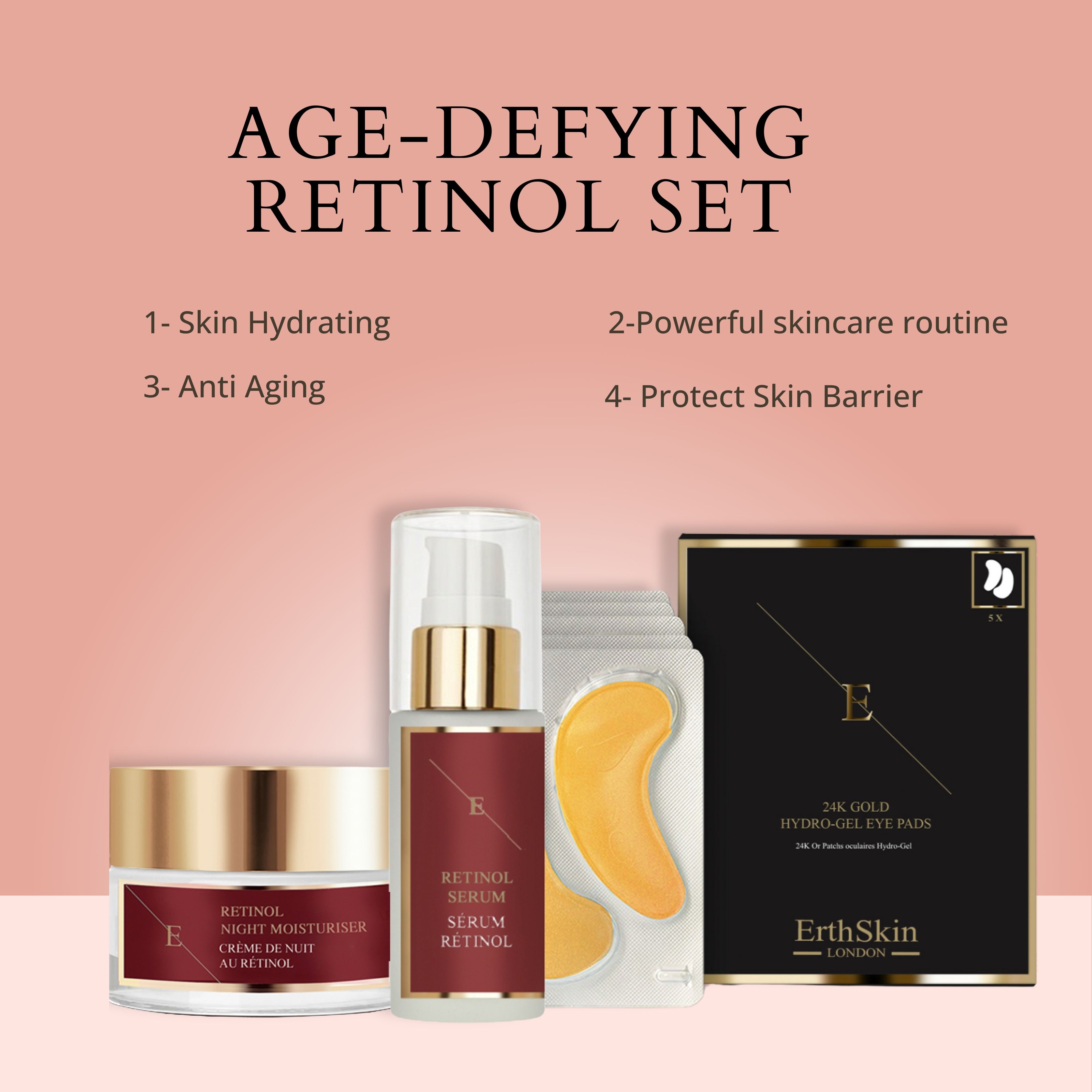 Set di eye pads, crema notte e siero. Testo: Age-Defying Retinol Set. Eye pads dorati, flaconi di crema e siero. Confezione nera.