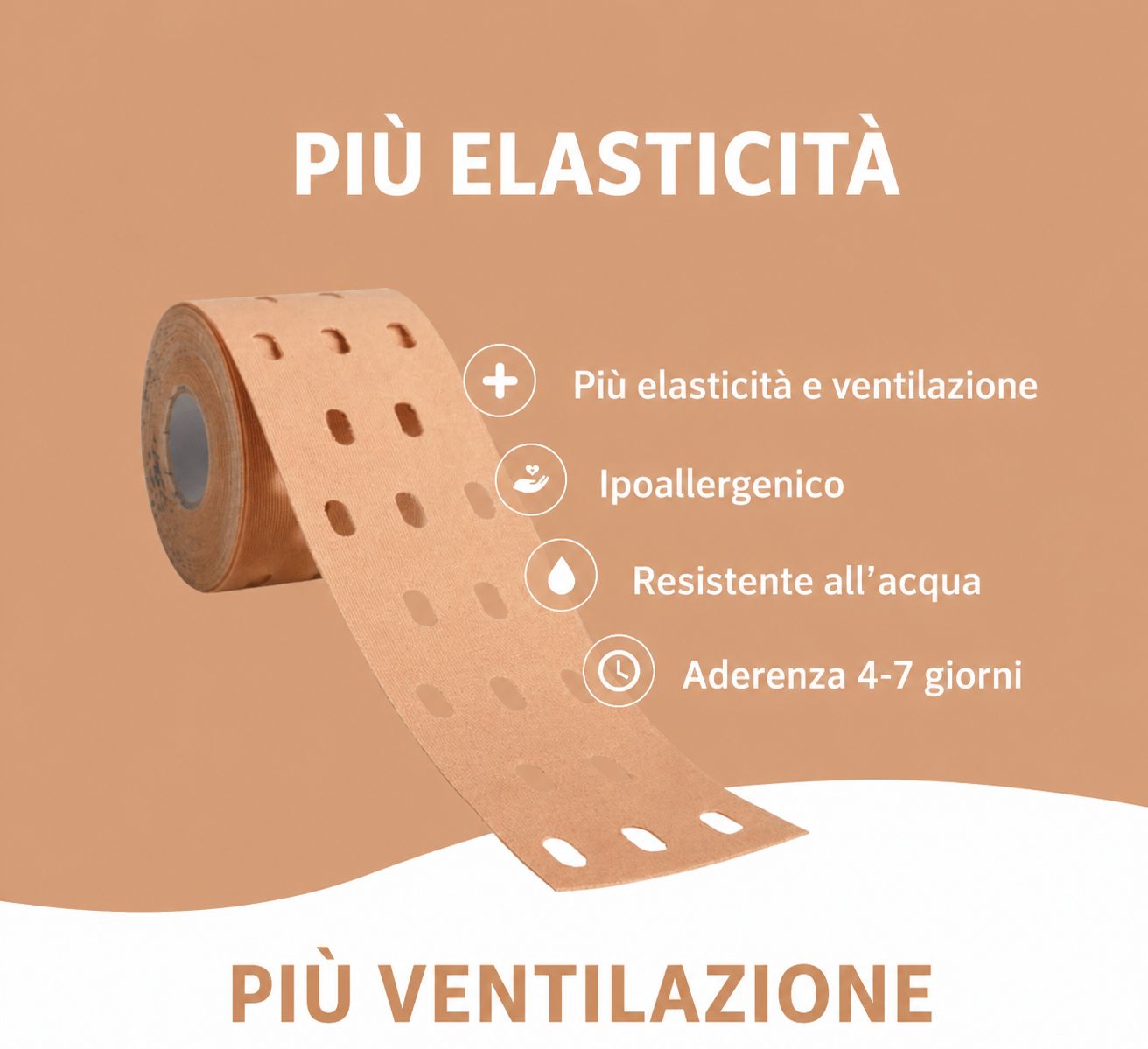 Rotolo di nastro kinesiologico beige perforato, ipoallergenico e resistente all'acqua.