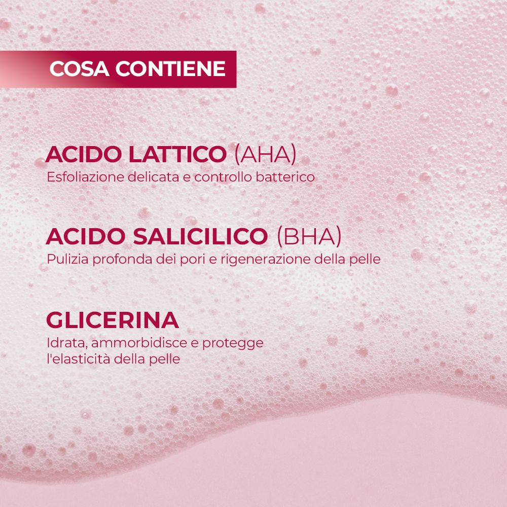Testo con ingredienti: acido lattico, acido salicilico e glicerina. Sfondo con bolle di sapone.
