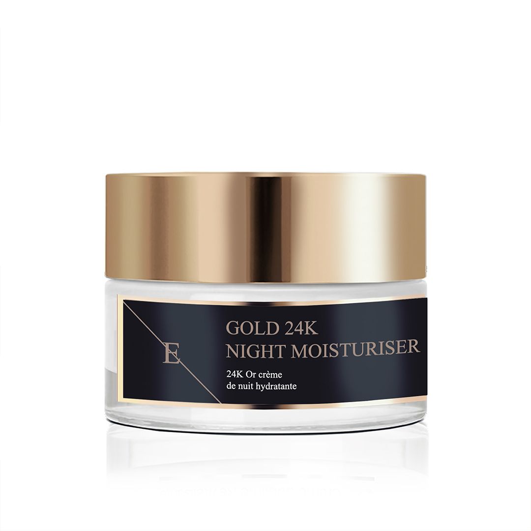 Vasetto di crema in vetro con coperchio dorato ed etichetta nera "GOLD 24K NIGHT MOISTURISER".
