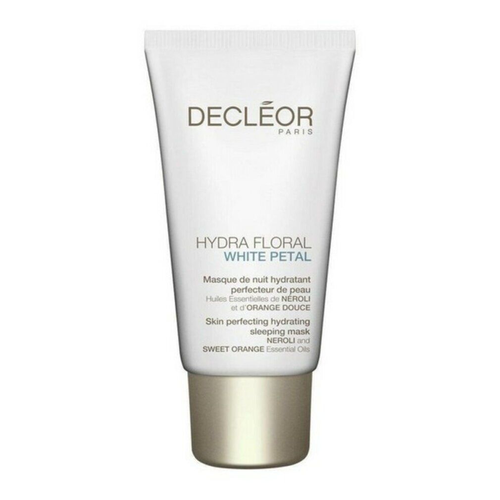 Tubo bianco con tappo dorato. Scritte: Decleor, Hydra Floral White Petal, Masque de nuit hydratant, Neroli, Orange Douce.