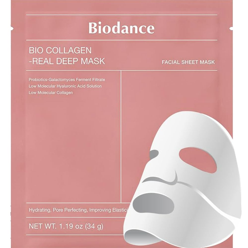 Confezione rosa con nome del prodotto e maschera viso. Testo: Bio Collagen - Real Deep Mask, Facial Sheet Mask.