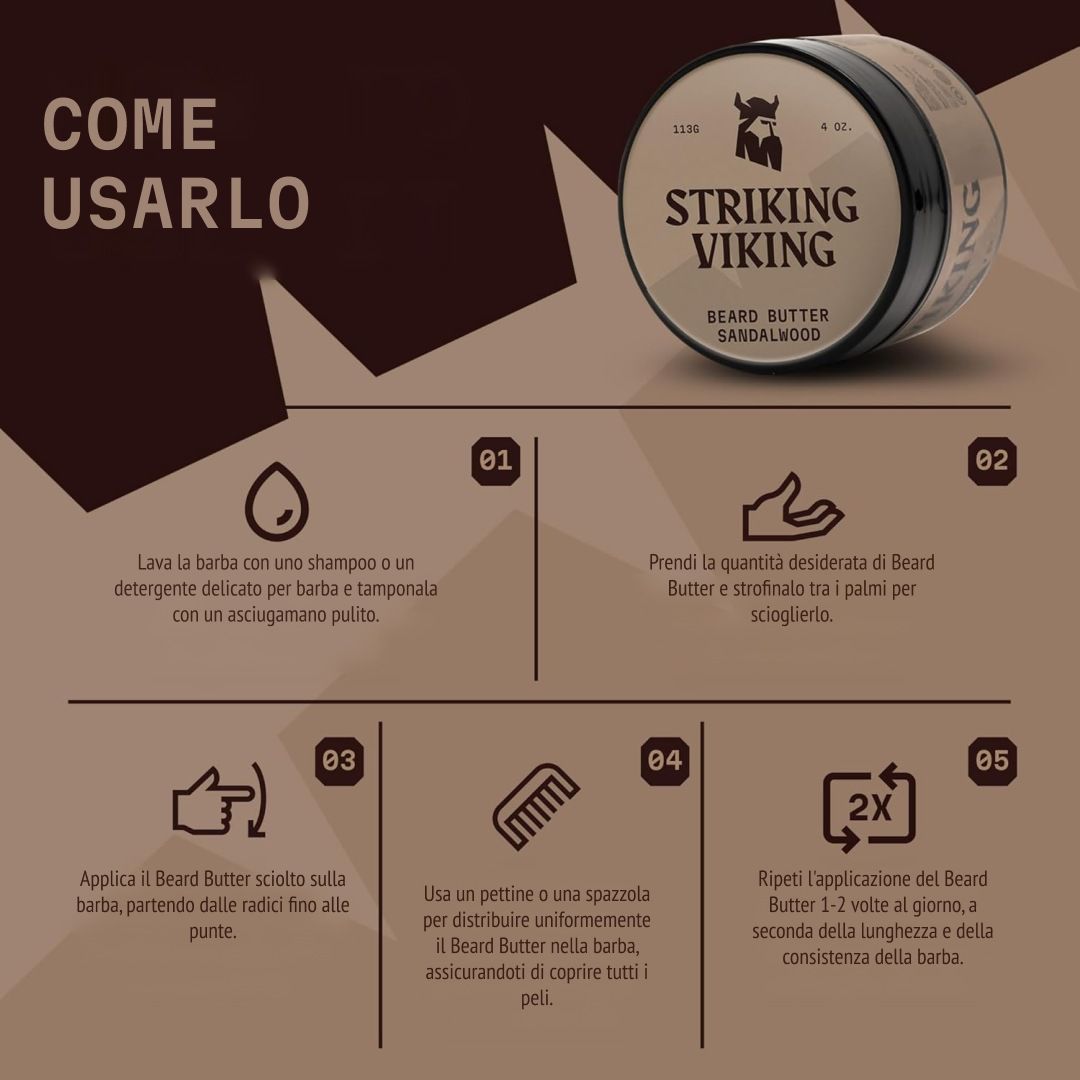 Istruzioni per l'uso del burro da barba al sandalo.