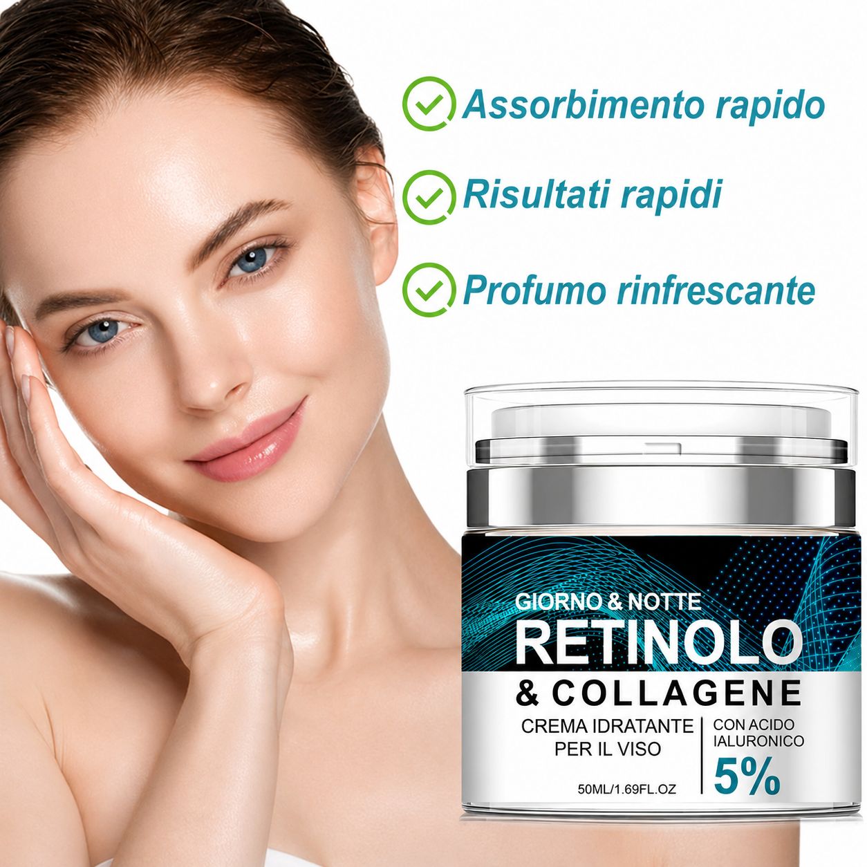 Crema viso Soleneva Retinololo con modella e vasetto prodotto, con benefici.