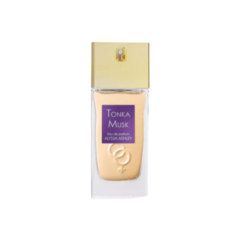 Alyssa Ashley Tonka Musk Eau de Parfum Spray. Flacone rettangolare, tappo dorato. Etichetta con nome del prodotto.