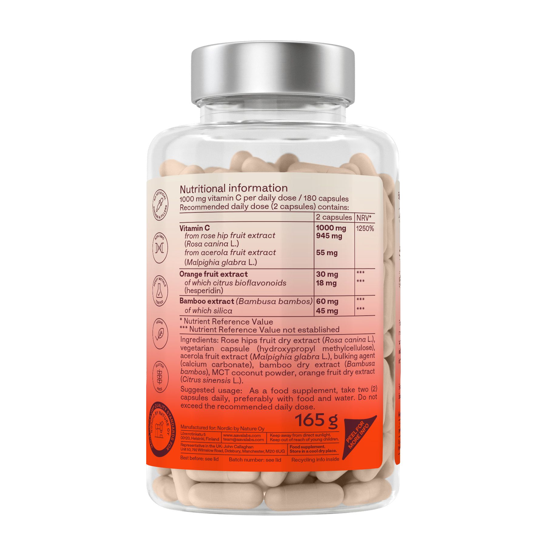 Retro di un flacone di capsule. Informazioni nutrizionali. Peso: 165 g.