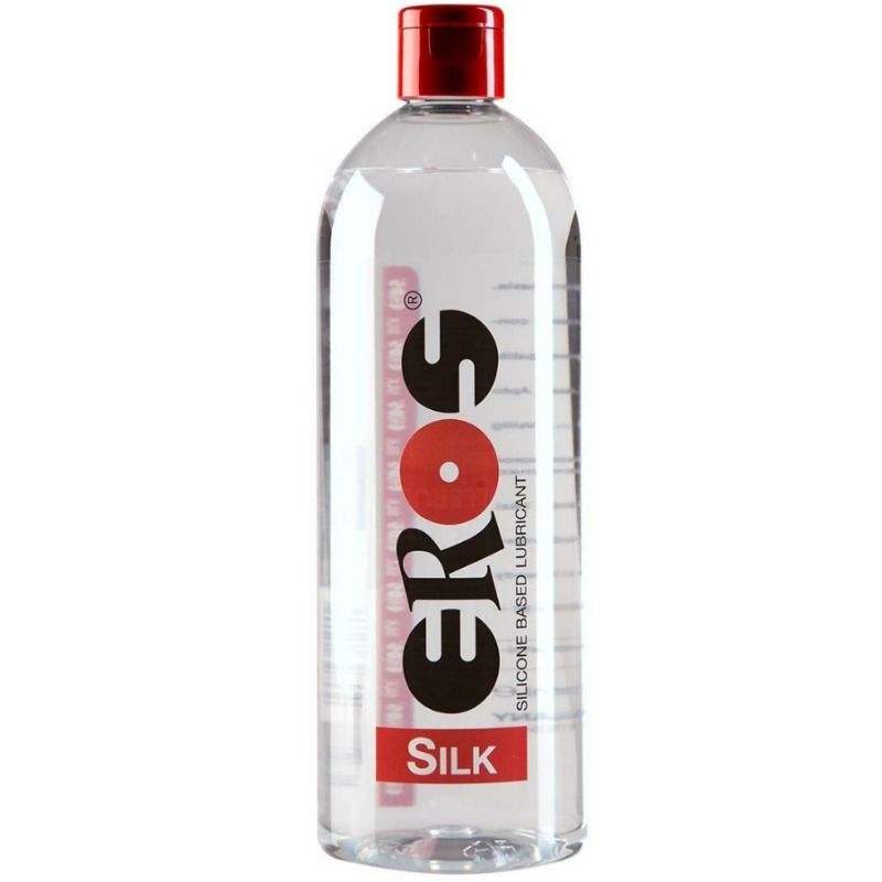 Flacone di lubrificante Eros Silk con tappo rosso e scritte nere.