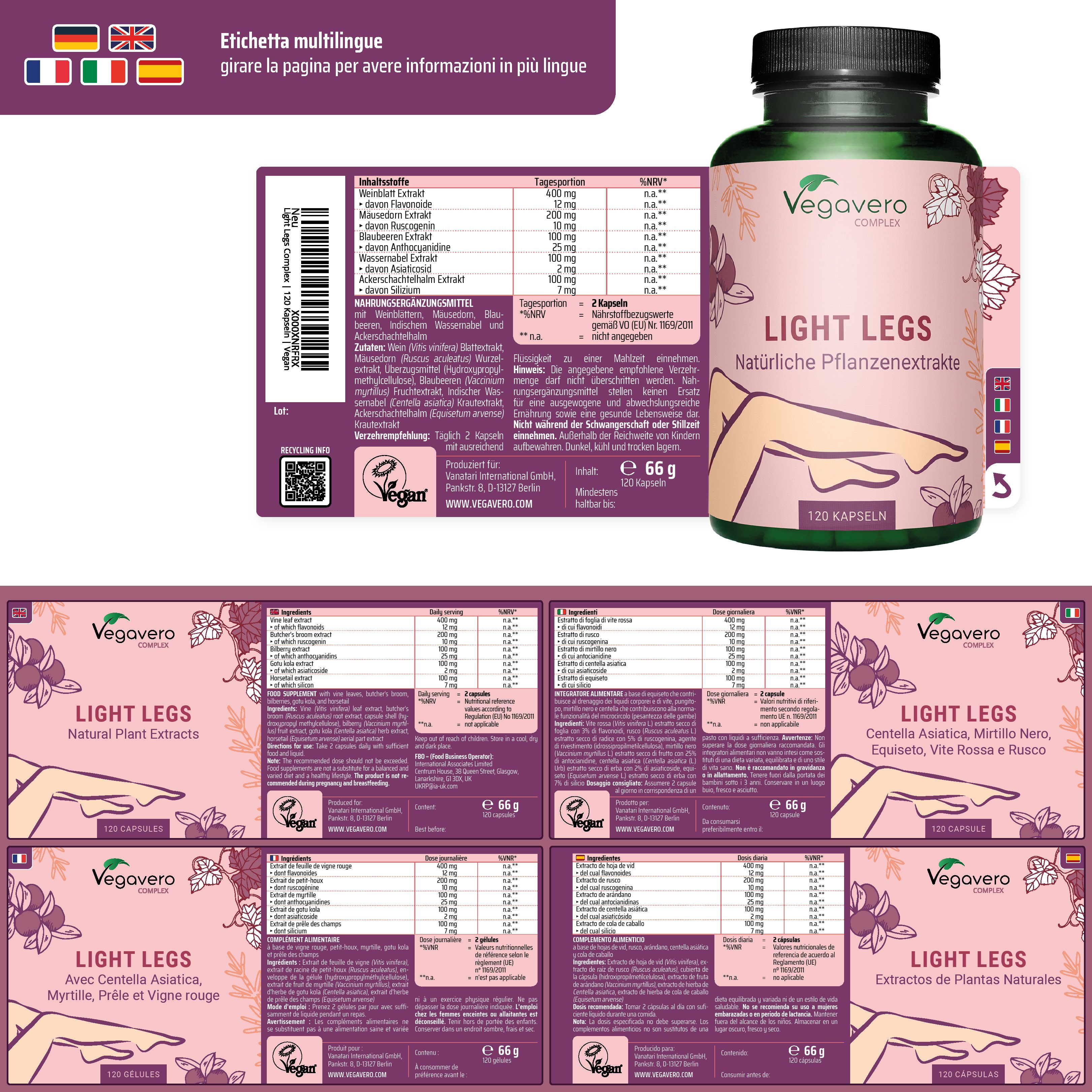 Confezione del prodotto con flacone ed etichette multilingue. Contiene informazioni sugli ingredienti e sui valori nutrizionali.