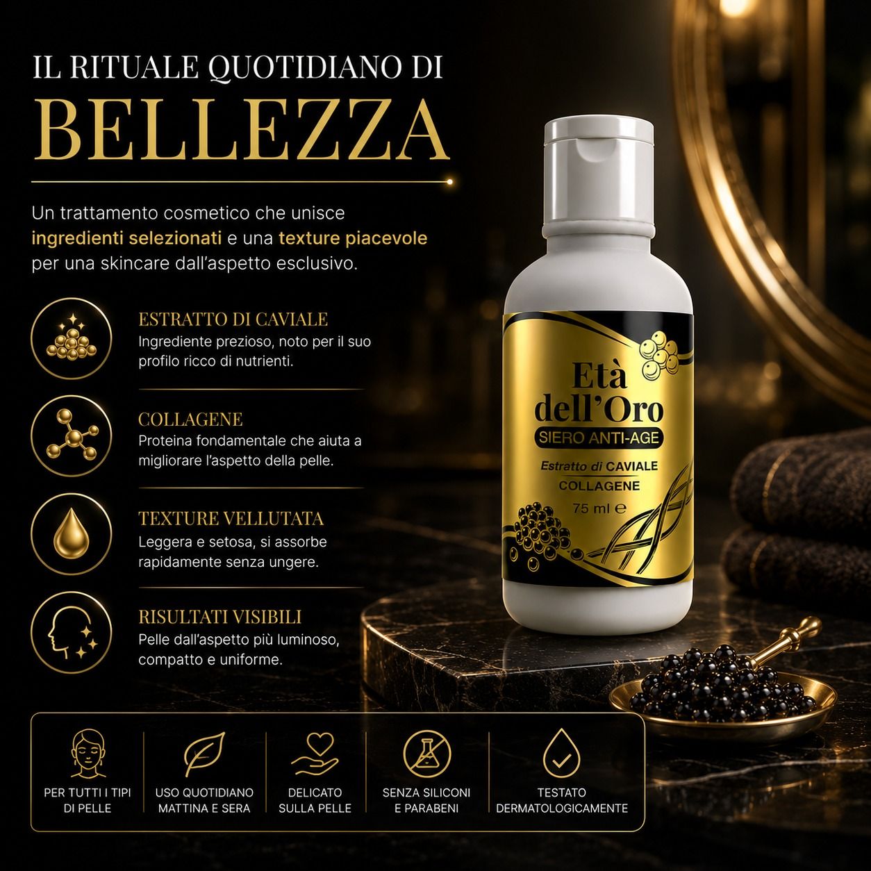 Flacone con etichetta dorata, mostra collagene ed estratti di caviale per anti-età.