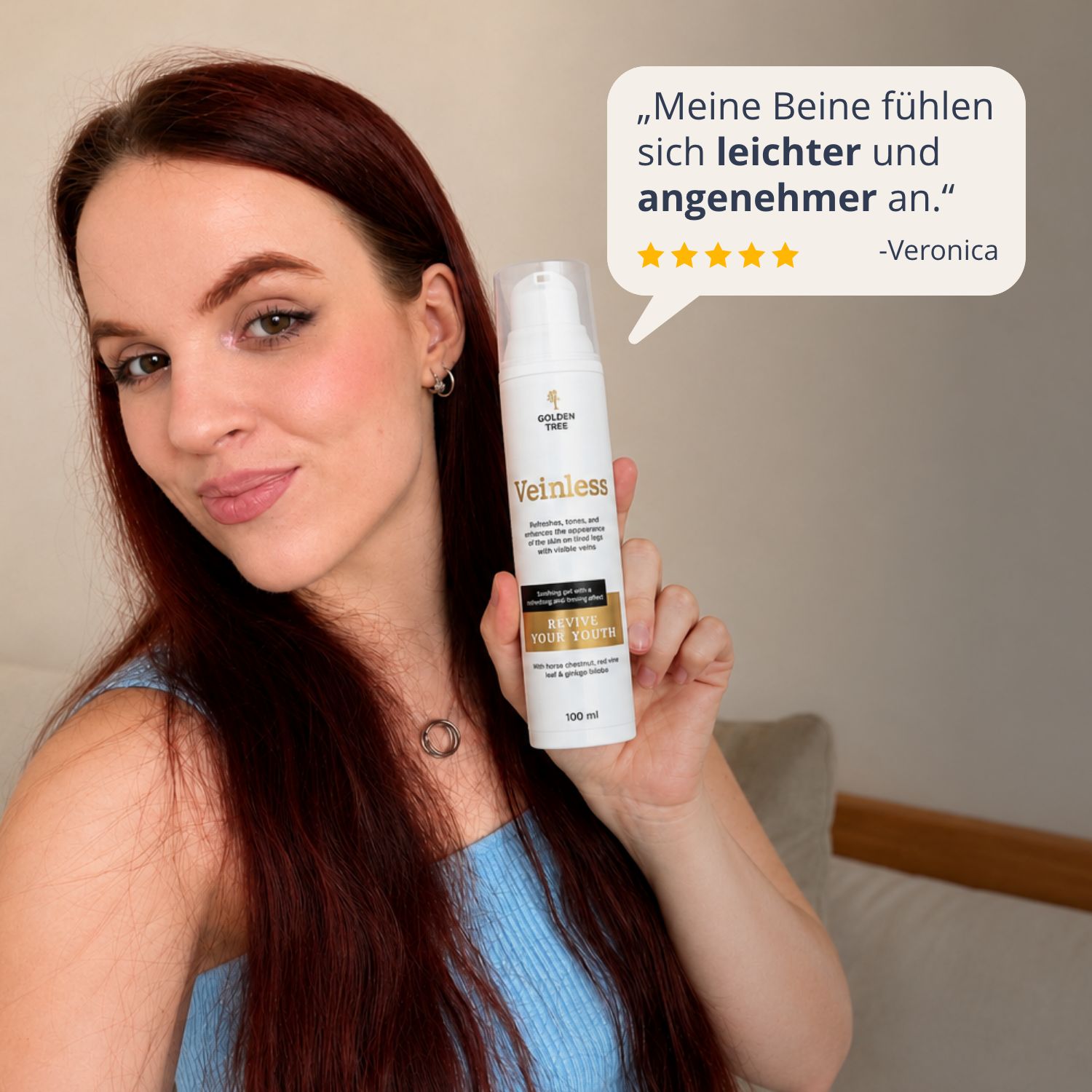 Donna tiene in mano un flacone Golden Tree Veinless, 100 ml, e rilascia una citazione positiva.