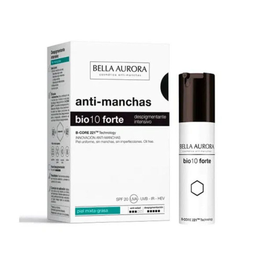 BIO10 forte, crema antimacchie e confezione. Flacone bianco con tappo nero. Testo: anti-manchas, bio10 forte, SPF 20.