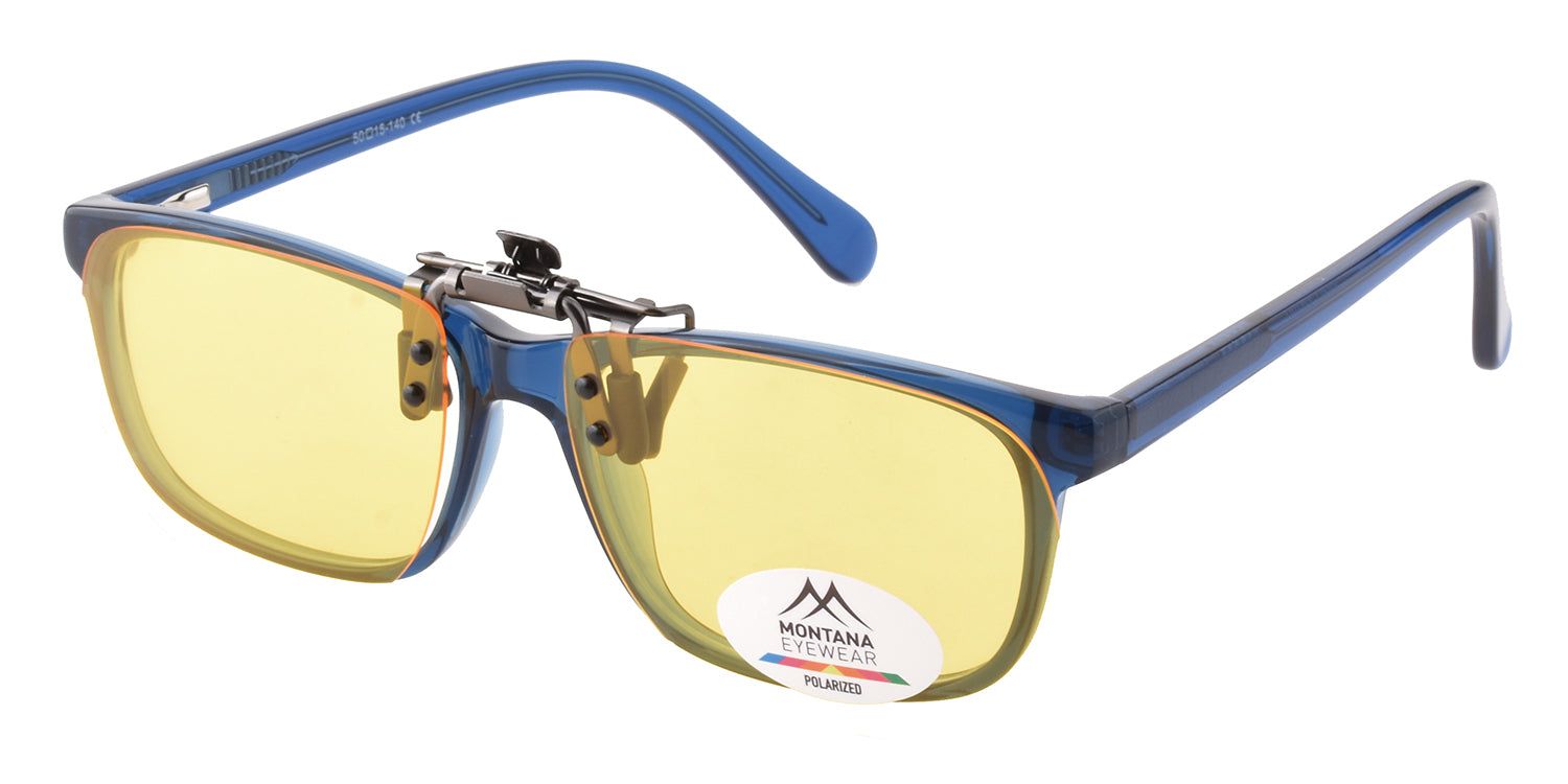 Occhiali da sole clip-on Montana Eyewear Mauritius con montatura blu. Lenti gialle, clip metallico, logo Polarized.