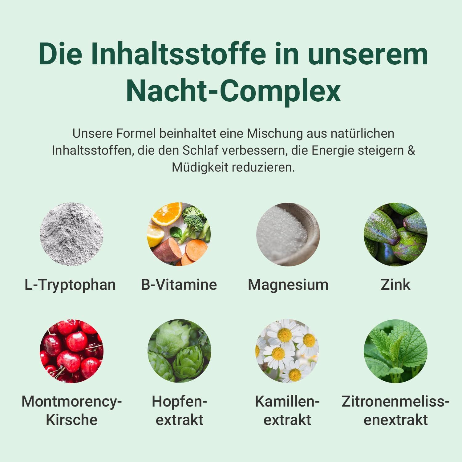 Grafico con ingredienti: L-Triptofano, Vitamine B, Magnesio, Zinco, Ciliegia Montmorency, Estratto di luppolo, Camomilla, Melissa.