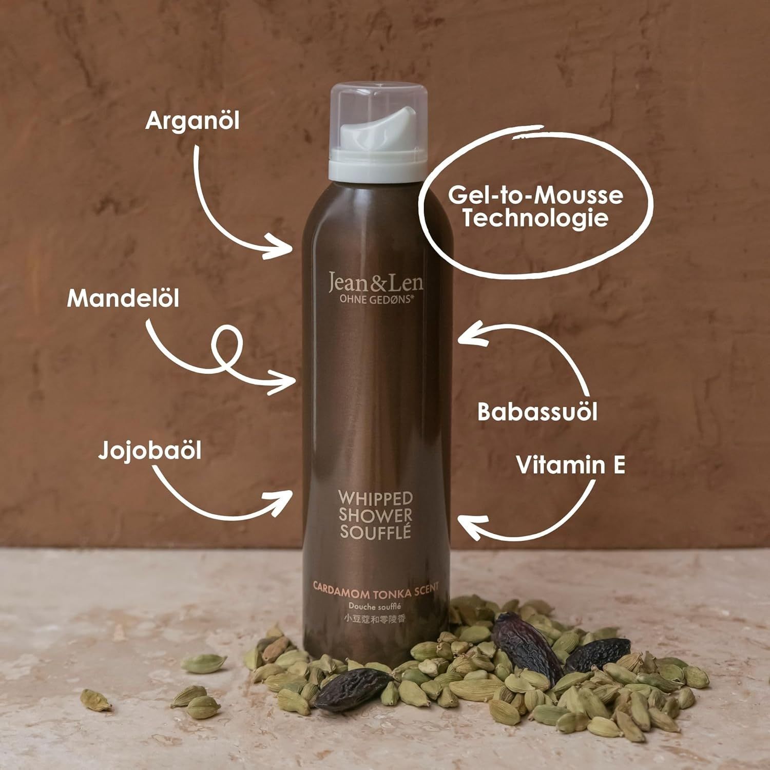 Flacone marrone con testina spray. Scritta: Jean & Len, Whipped Shower Soufflé, Cardamom Tonka Scent. Frecce indicano gli ingredienti.