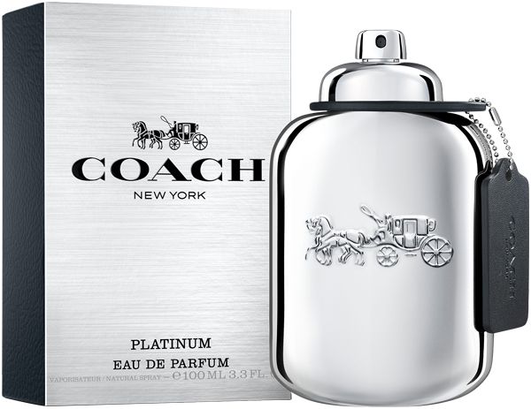 Flacone e confezione Coach Platinum Eau de Parfum. Flacone argentato con logo e pendente. Confezione rettangolare.