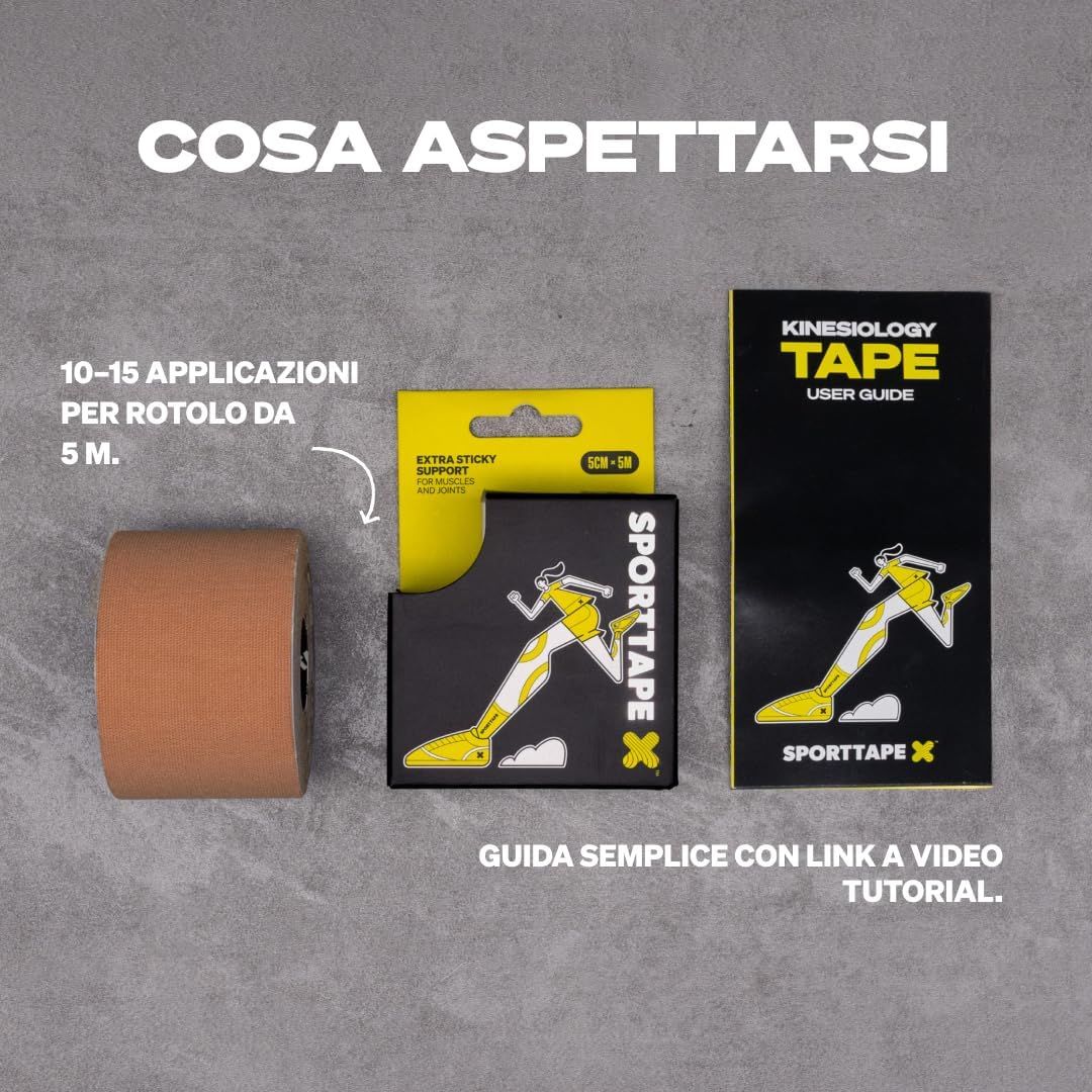 Nastro kinesiologico applicato sul polpaccio, con motivo colorato.