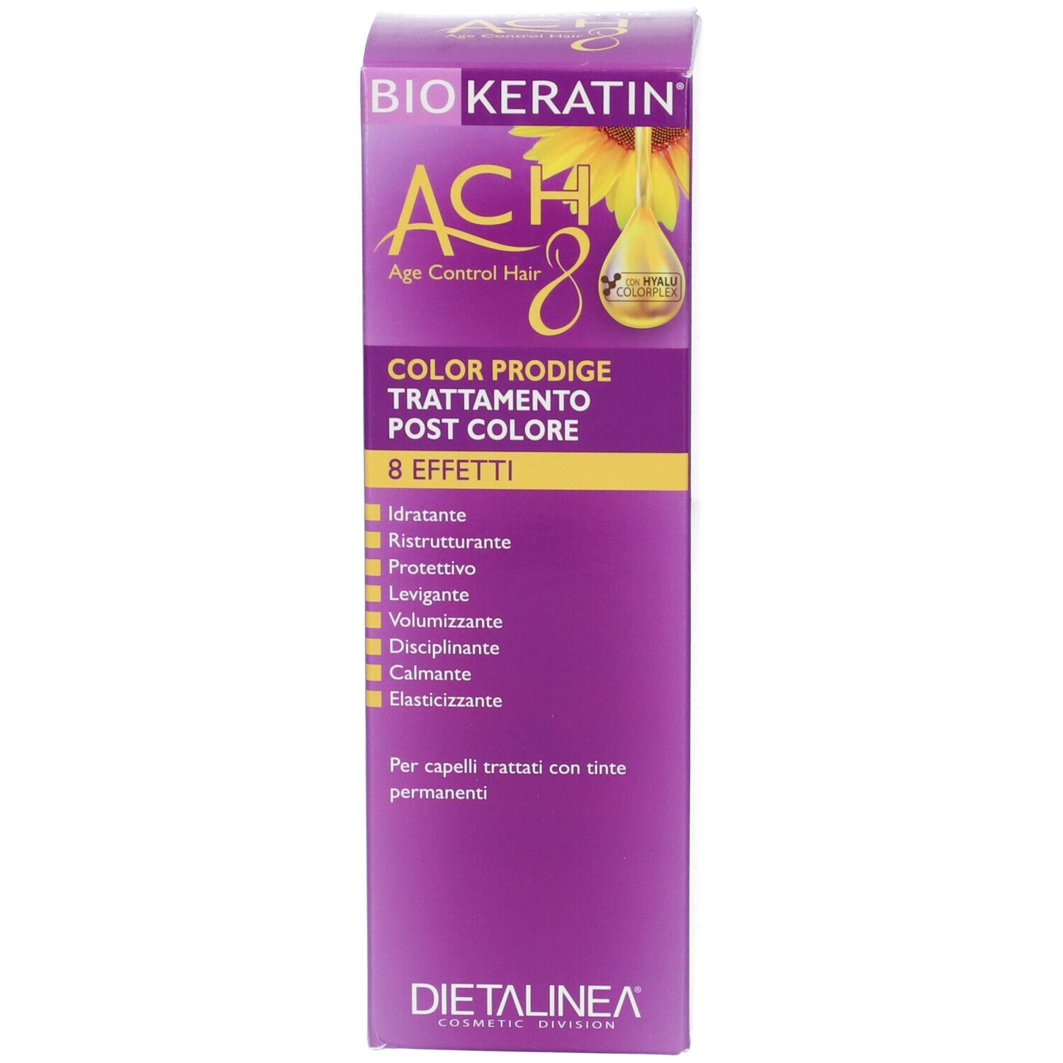Confezione del prodotto. Scritta: Biokeratin Ach8 Trattamento Capelli Post Colore. Confezione viola con dettagli gialli.