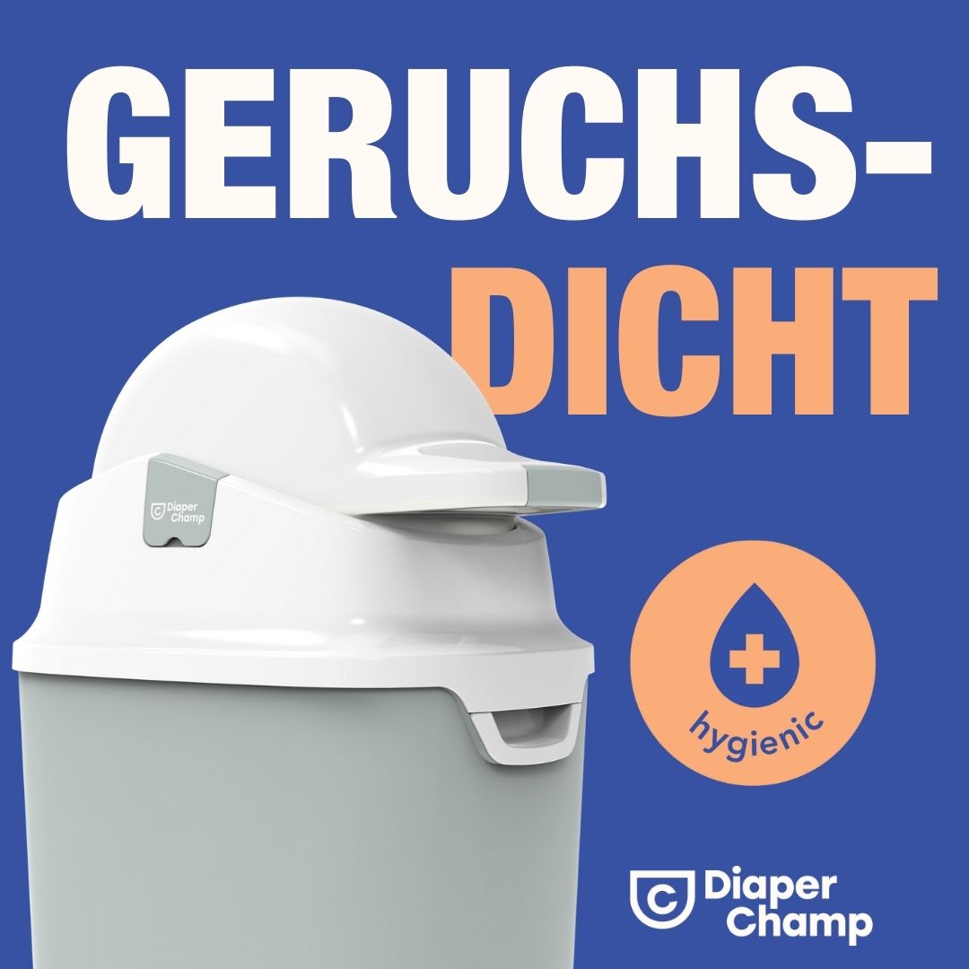 Pattumiera per pannolini Diaper Champ One, grigio-bianco. Testo: "GERUCHSDICHT" e "hygienic". Logo e testo: "Diaper Champ".