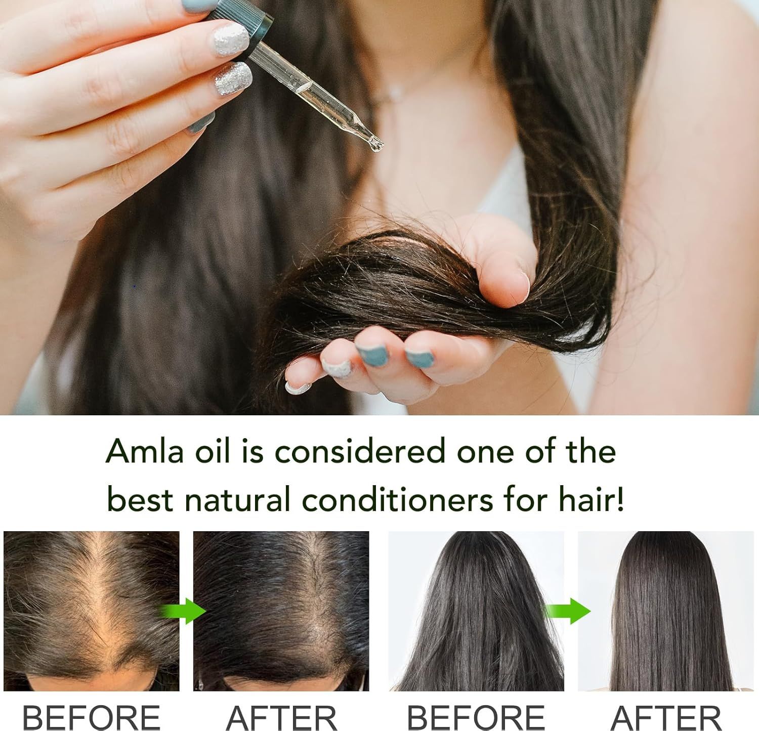 Mani che tengono una ciocca di capelli. Immagini prima/dopo del cuoio capelluto e dei capelli. Testo: Amla oil is considered one of the best natural conditioners for hair!