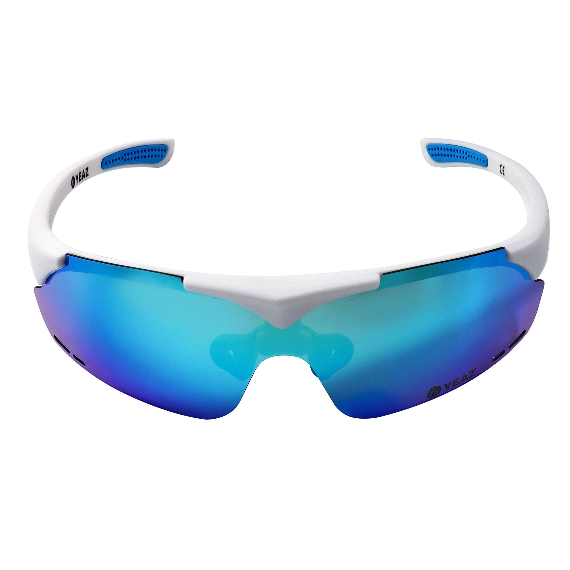 Occhiali da sole sportivi bianchi con lenti a specchio blu e estremità delle aste blu.