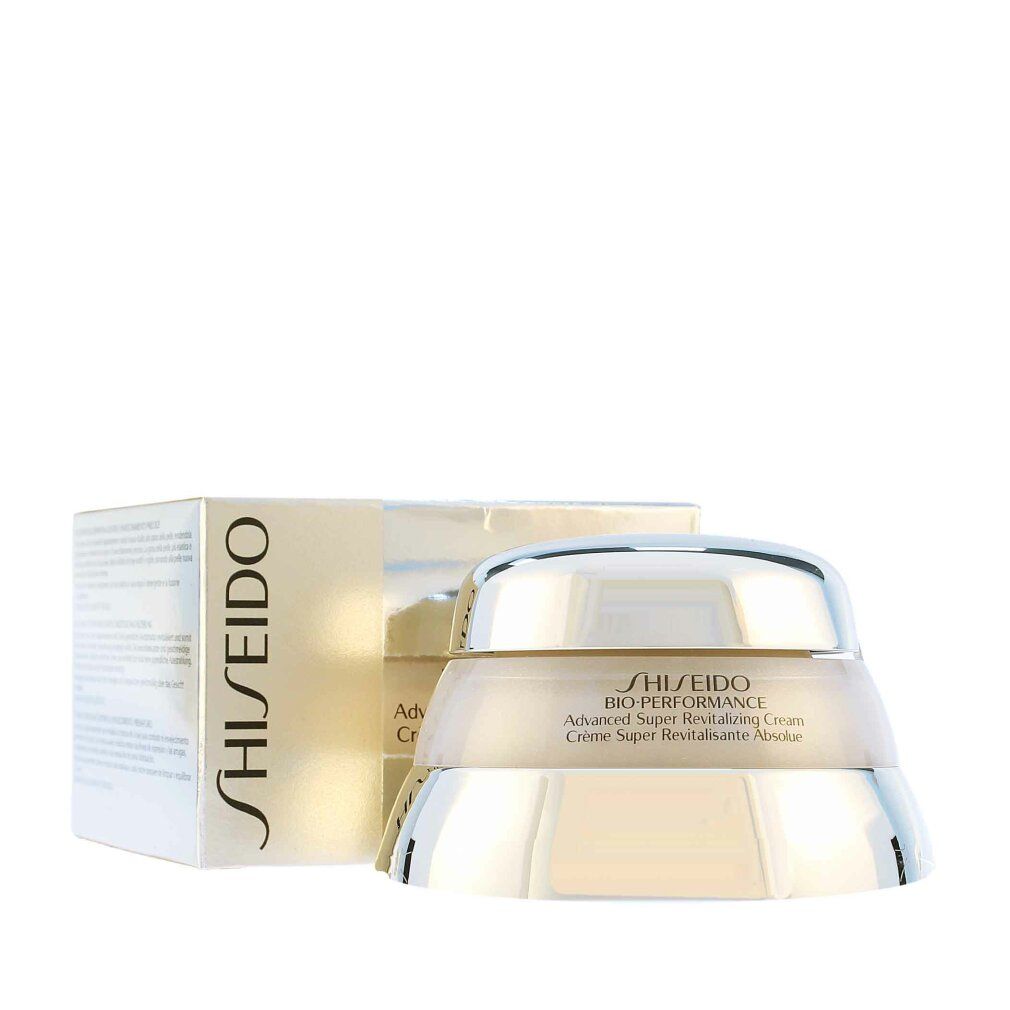 Vaso di crema con coperchio e scatola. Scritta: Shiseido Bio-Performance Advanced Super Revitalizing Cream.