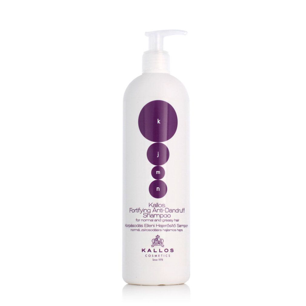 Flacone bianco con pompa Kallos Fortifying Anti-Dandruff Shampoo con cerchi viola e testo.
