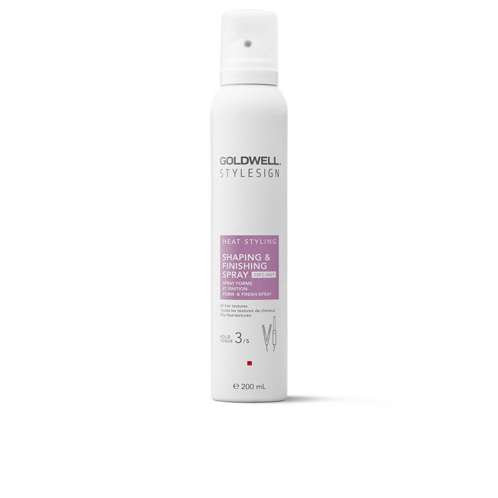 Spray bianco con etichetta viola. Scritta: Goldwell Stylesign Heat Styling Shaping & Finishing Spray. Volume: 200 ml.