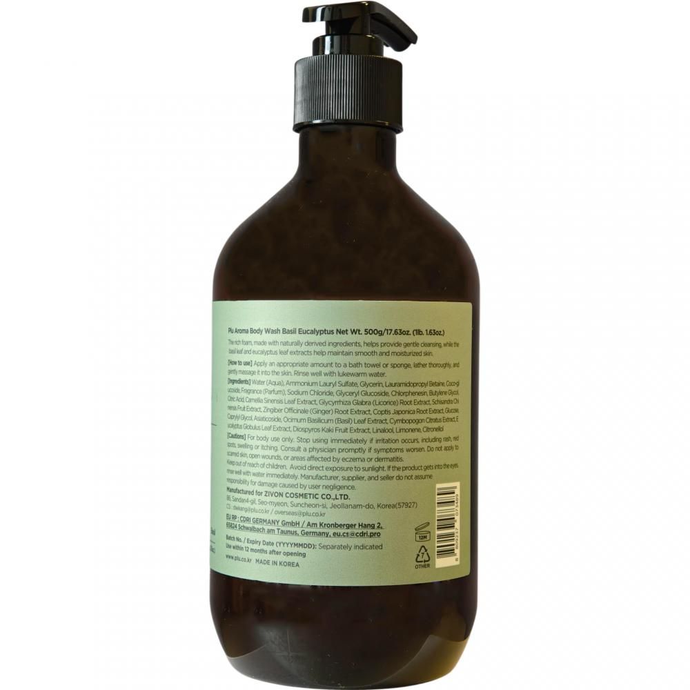 Retro del flacone PLU Bagnoschiuma Aroma Basilico & Eucalipto con ingredienti.