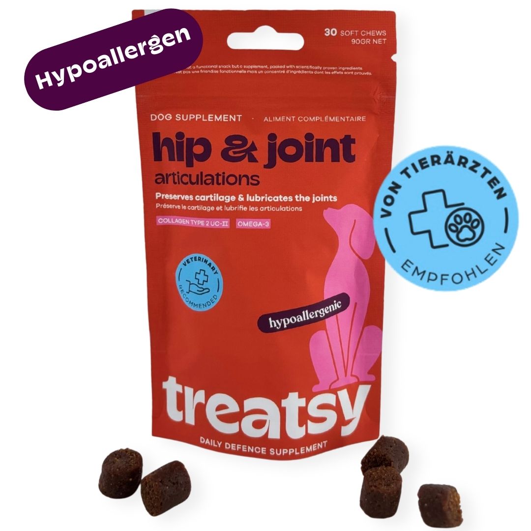 Busta rossa « Hip & Joint » per cani. Snack marroni accanto. « Ipoallergenico » e « Consigliato dai veterinari ».