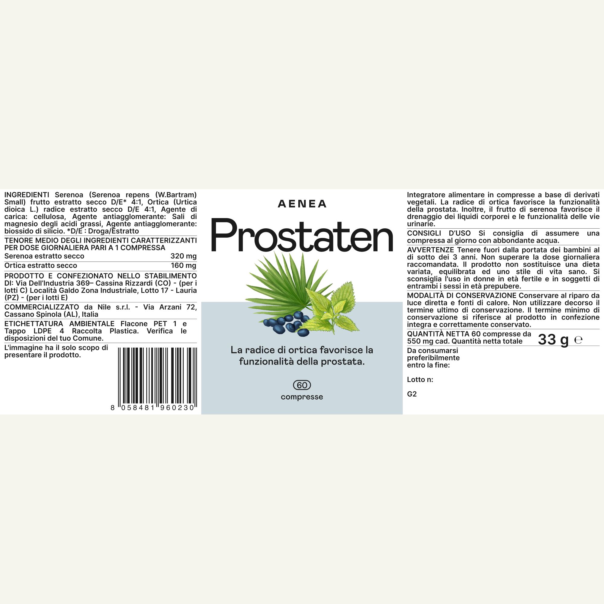 Flacone Aenea Prostaten con elenco ingredienti e istruzioni per l'uso. 60 compresse.