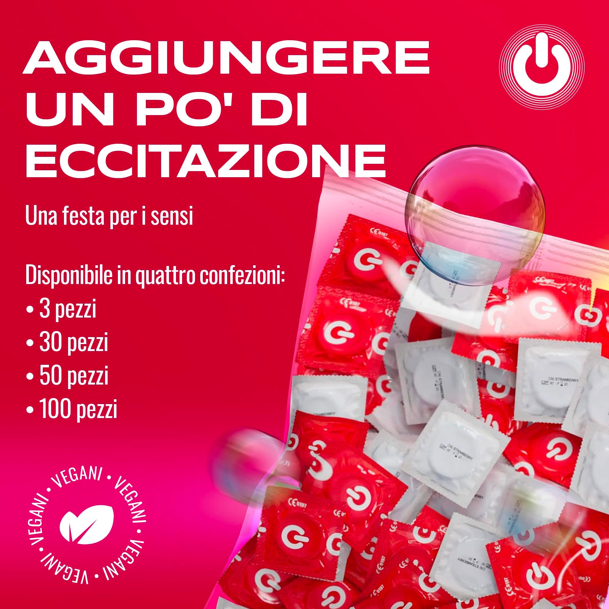 Confezione da 100 preservativi, disponibili in 3, 30, 50 e 100 pezzi. Vegano.