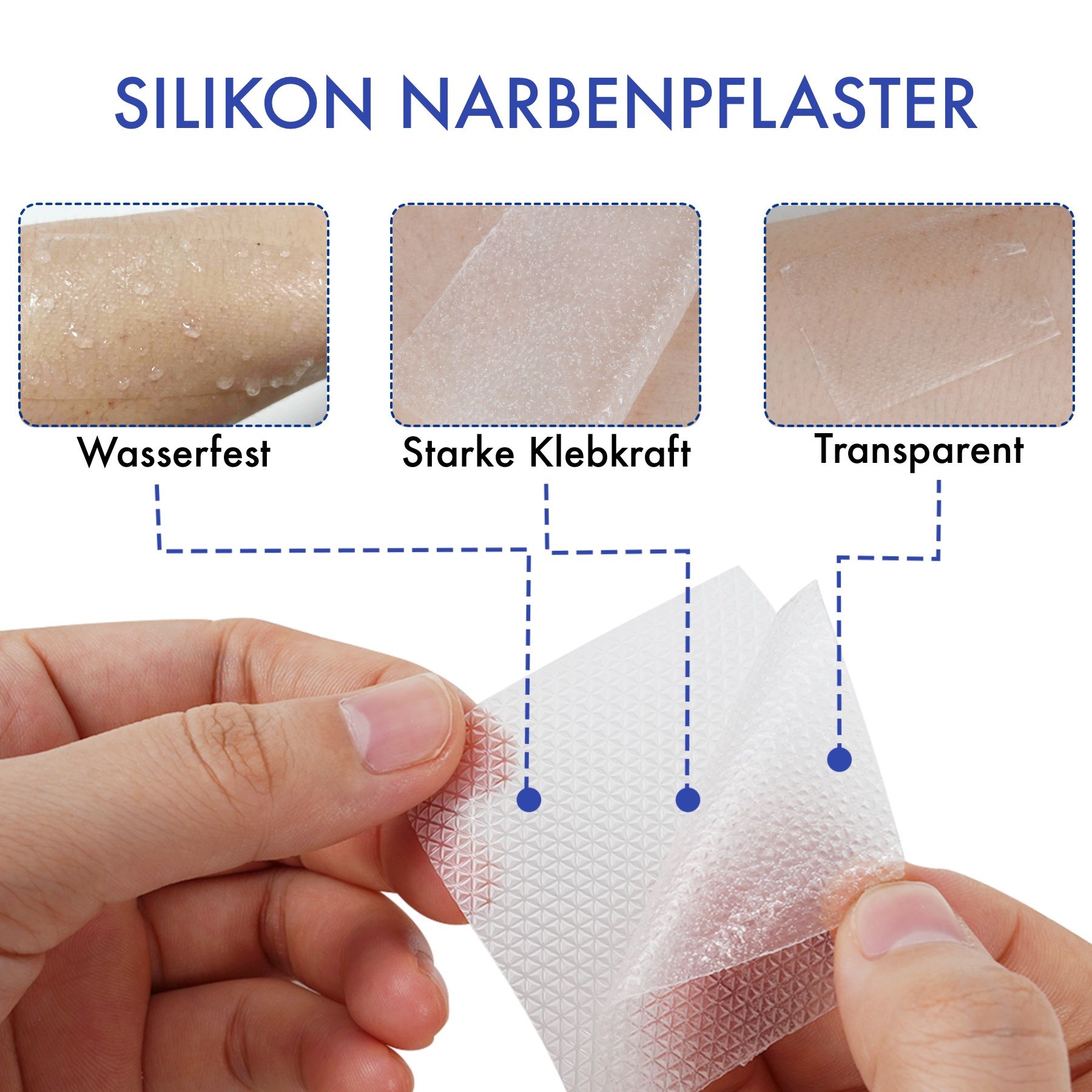 Mani che tengono un cerotto in silicone. Testo: Resistente all'acqua, forte adesione, trasparente. Tre strati.