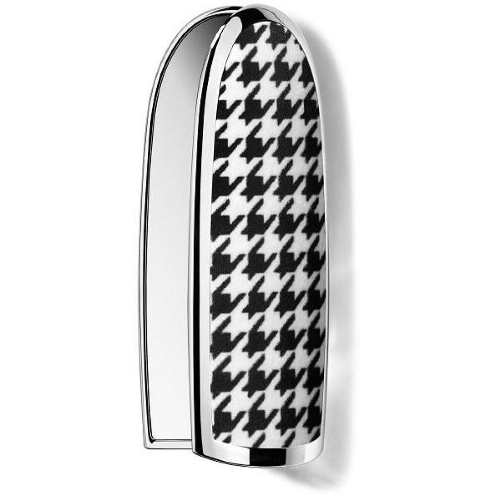 Astuccio rossetto con motivo pied-de-poule bianco e nero, bordi argentati. Aperto, mostra l'interno.