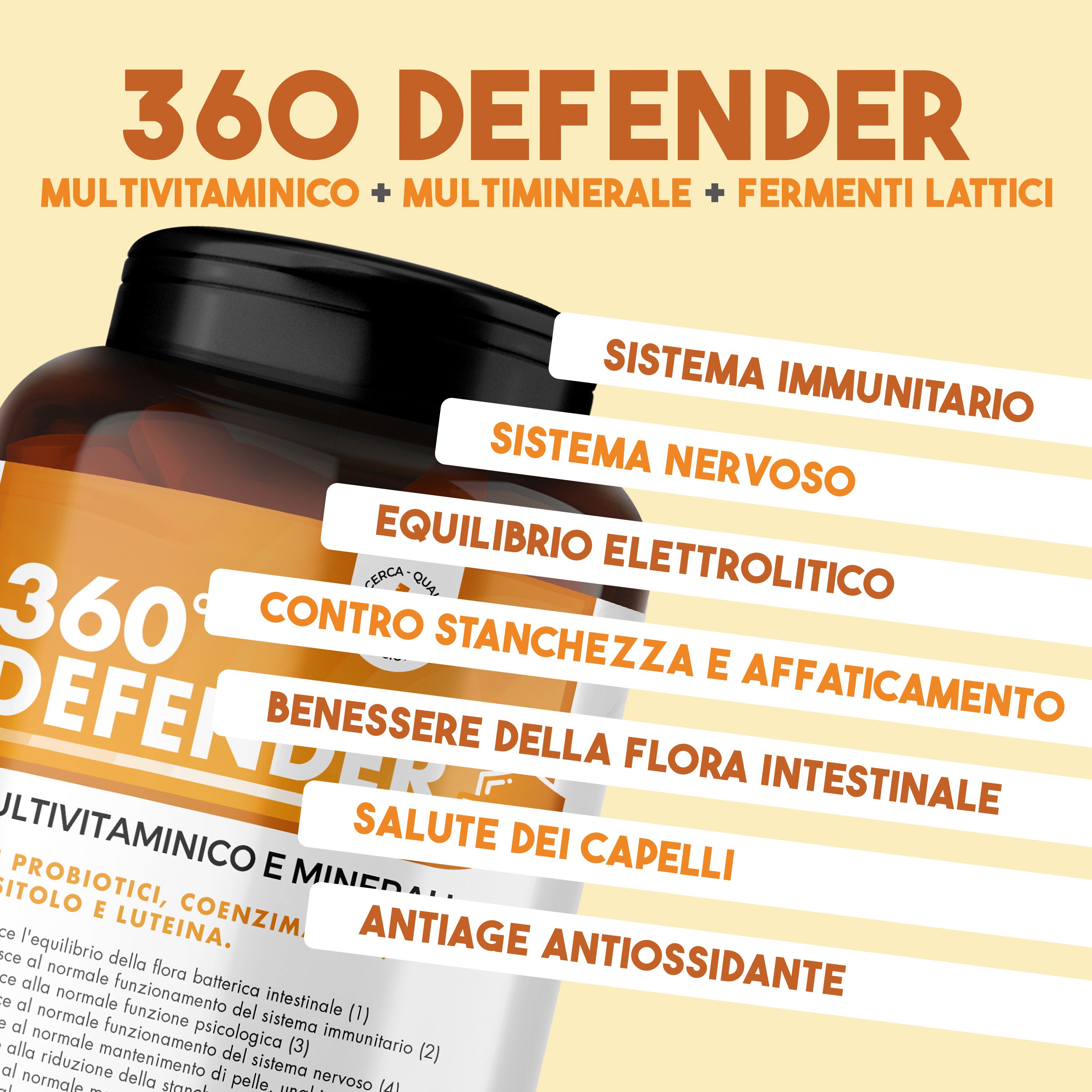 360° DEFENDER Multivitaminico. Testo: Sistema Immunitario, Sistema Nervoso, Equilibrio Elettrolitico, Antiage Antiossidante.